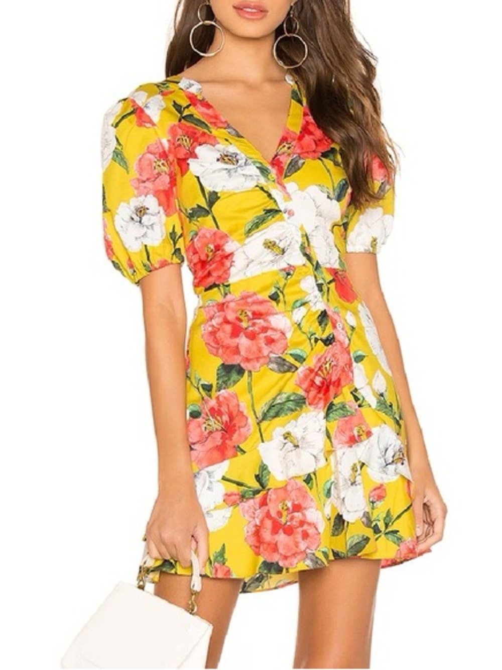 Parker New Floral Puff-Sleeve Wrap Dress in Yellow Size 4 Colorful Mini Dresses